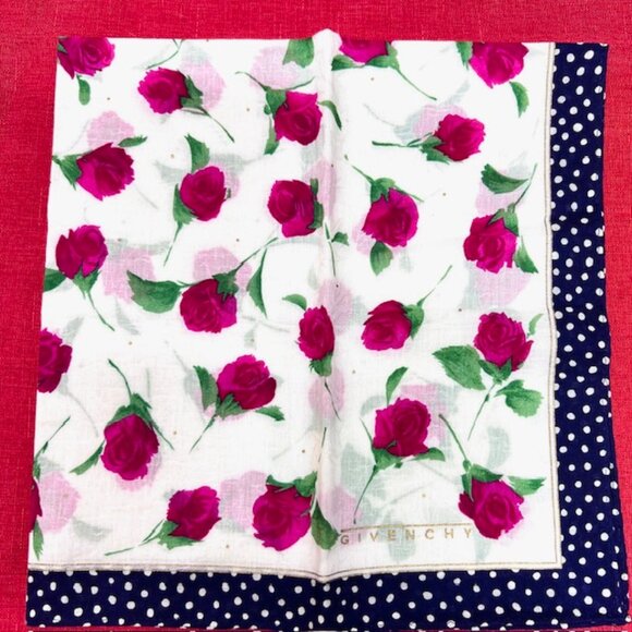 New Unused Givenchy  WOMEN Mini Scarf cotton 18"  black white dott red roses(95 - Picture 4 of 7